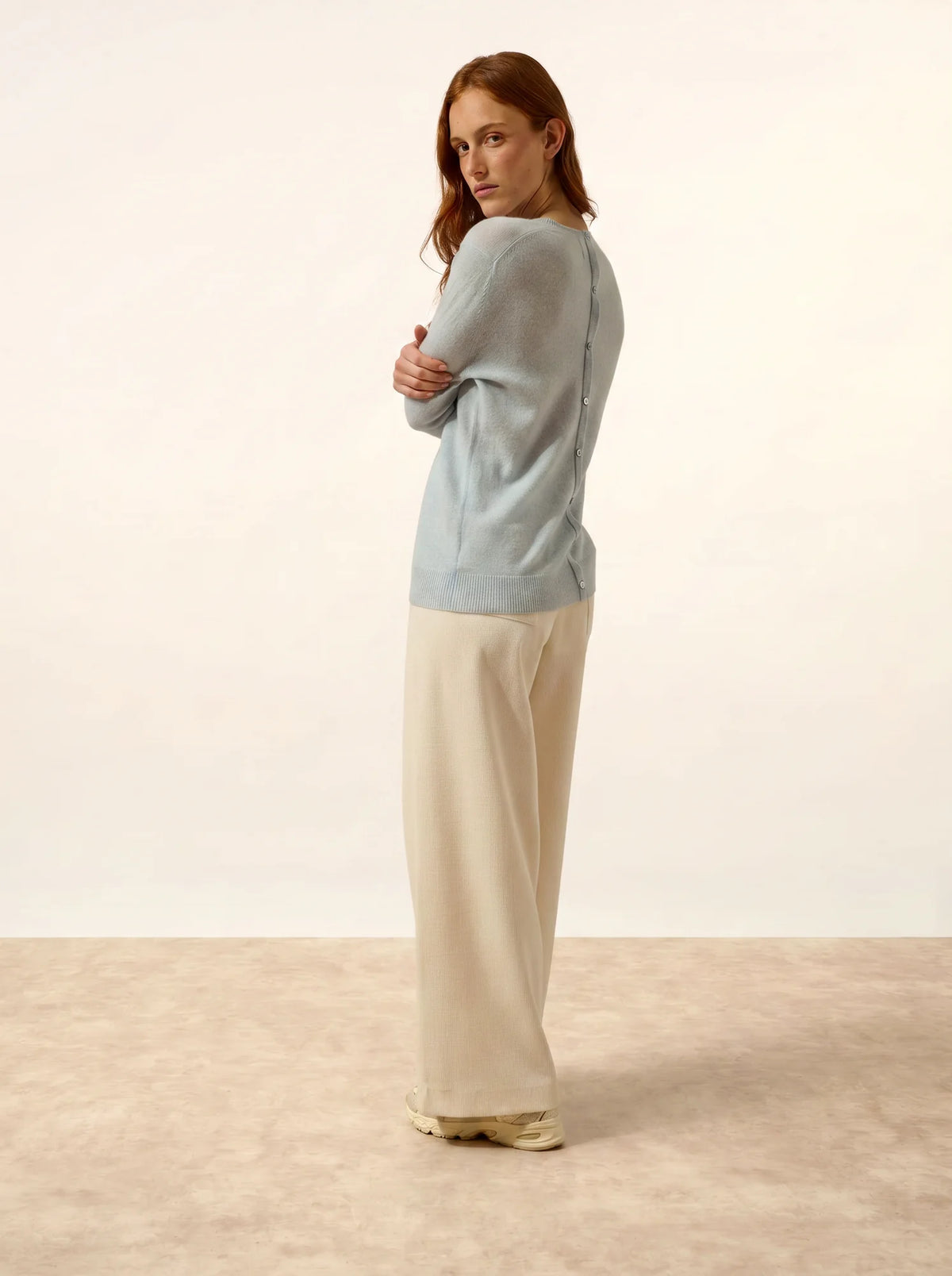 JANICE Pull Col Rond Boutonné Dos Bleu Clair Chiné