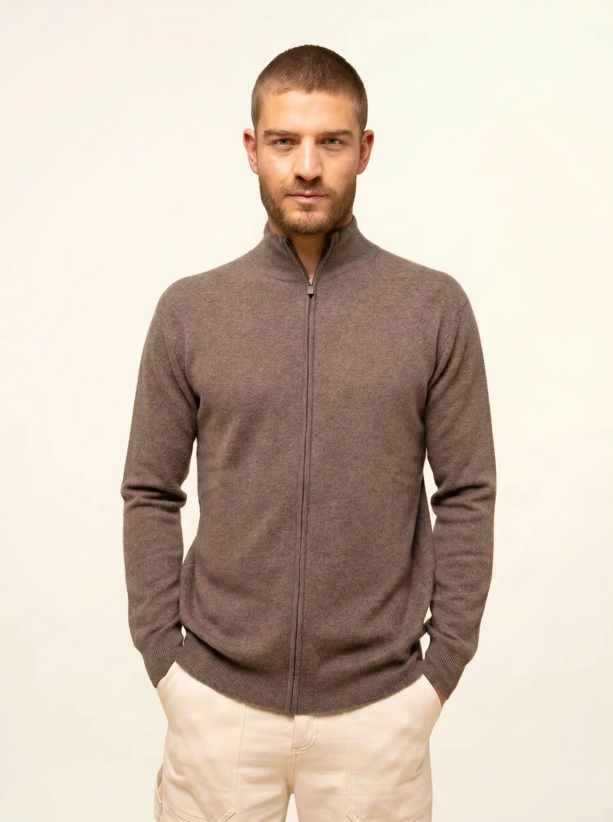 ALAN Gilet Zippé Col Montant Taupe Chiné