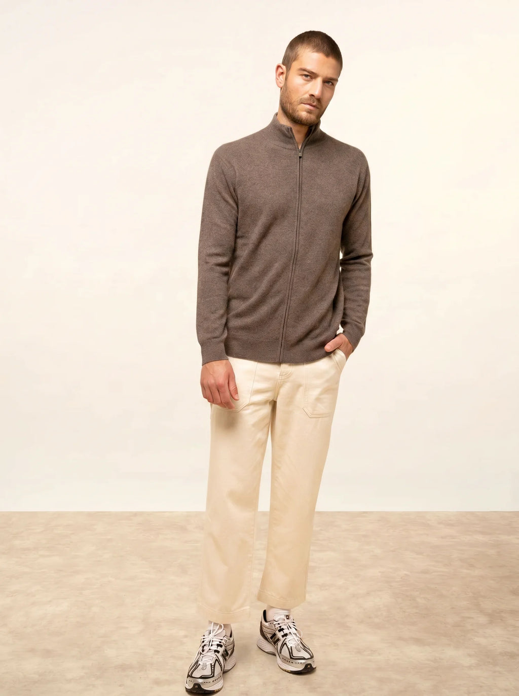 ALAN Gilet Zippé Col Montant Taupe Chiné