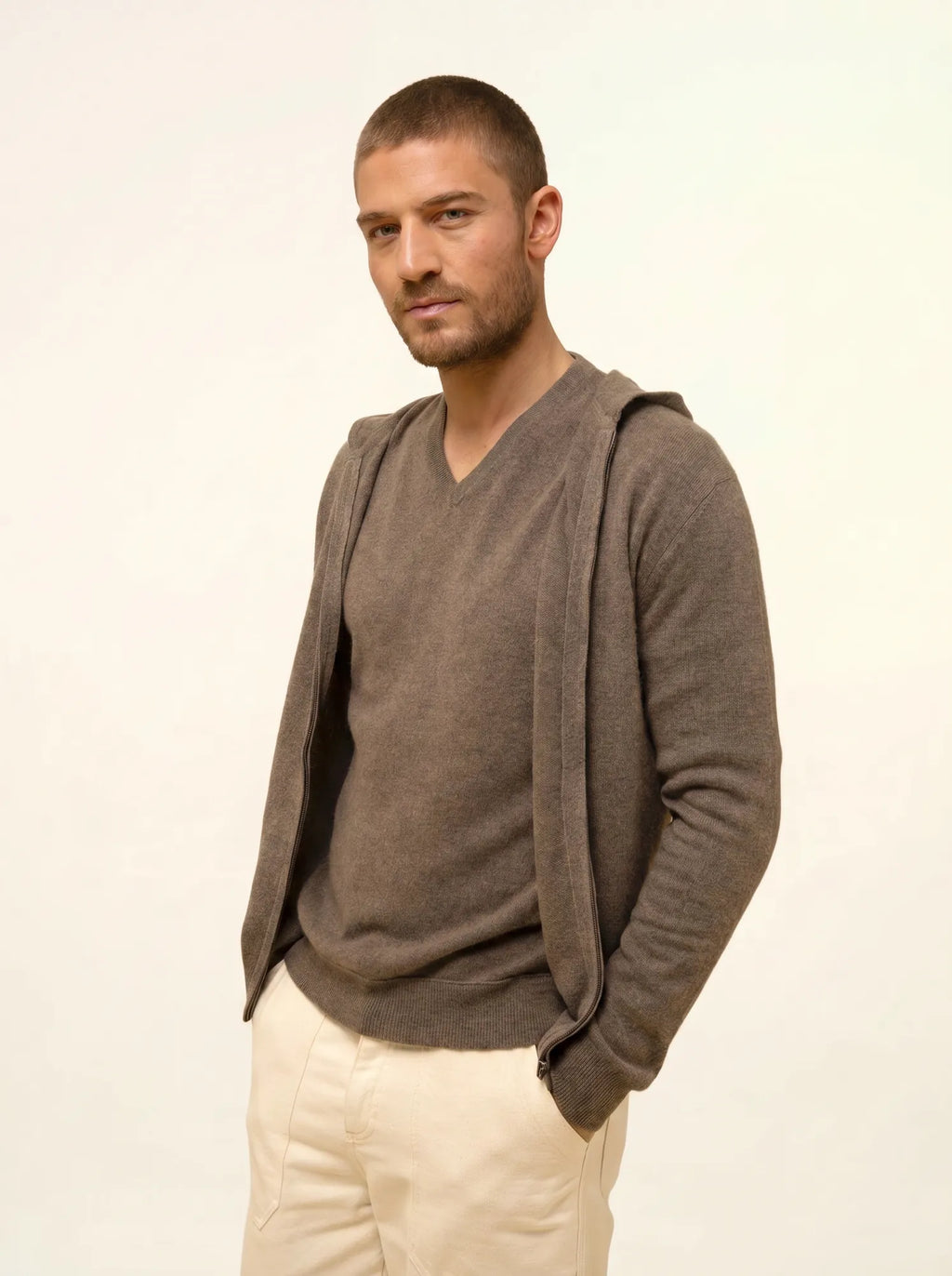 ELLIOT Gilet Zippé Capuche Taupe Chiné