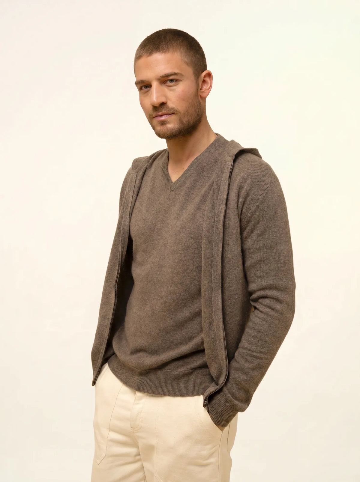 ELLIOT Gilet Zippé Capuche Taupe Chiné