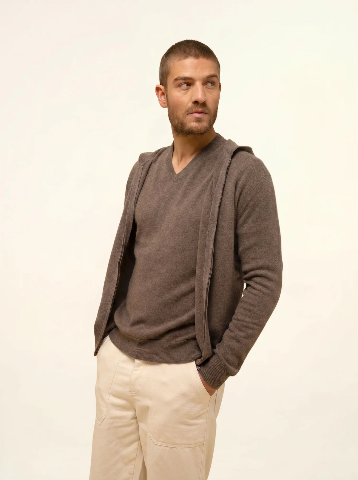 ELLIOT Gilet Zippé Capuche Taupe Chiné