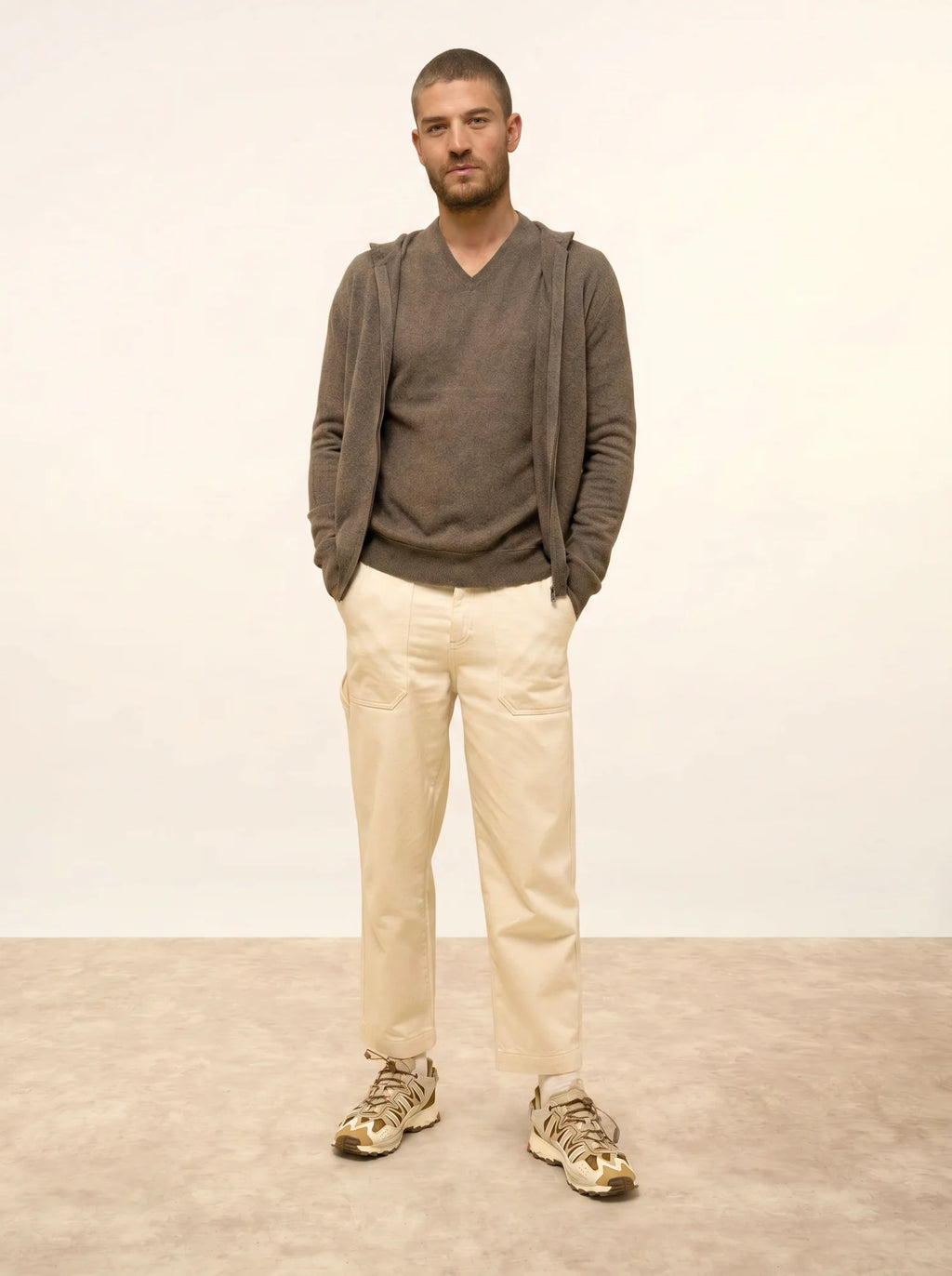 ELLIOT Gilet Zippé Capuche Taupe Chiné