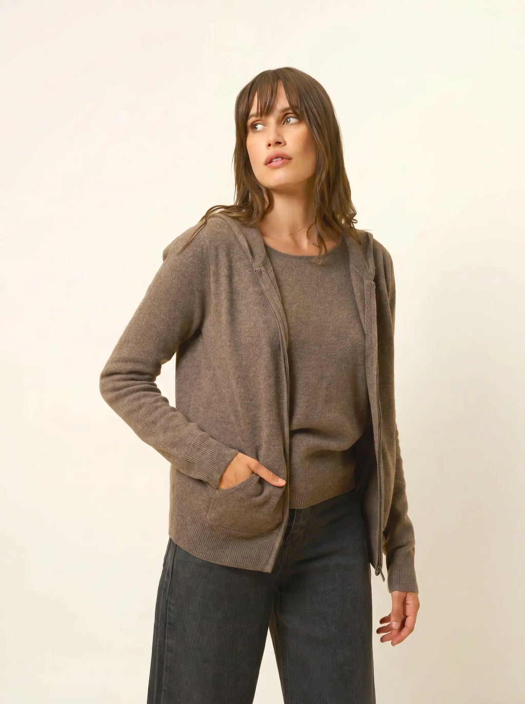DEBBIE Gilet Zippé Capuche Taupe Chiné