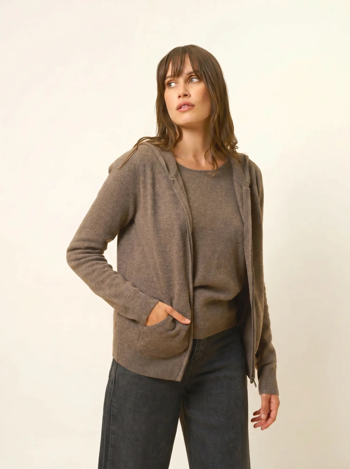 DEBBIE Gilet Zippé Capuche Taupe Chiné