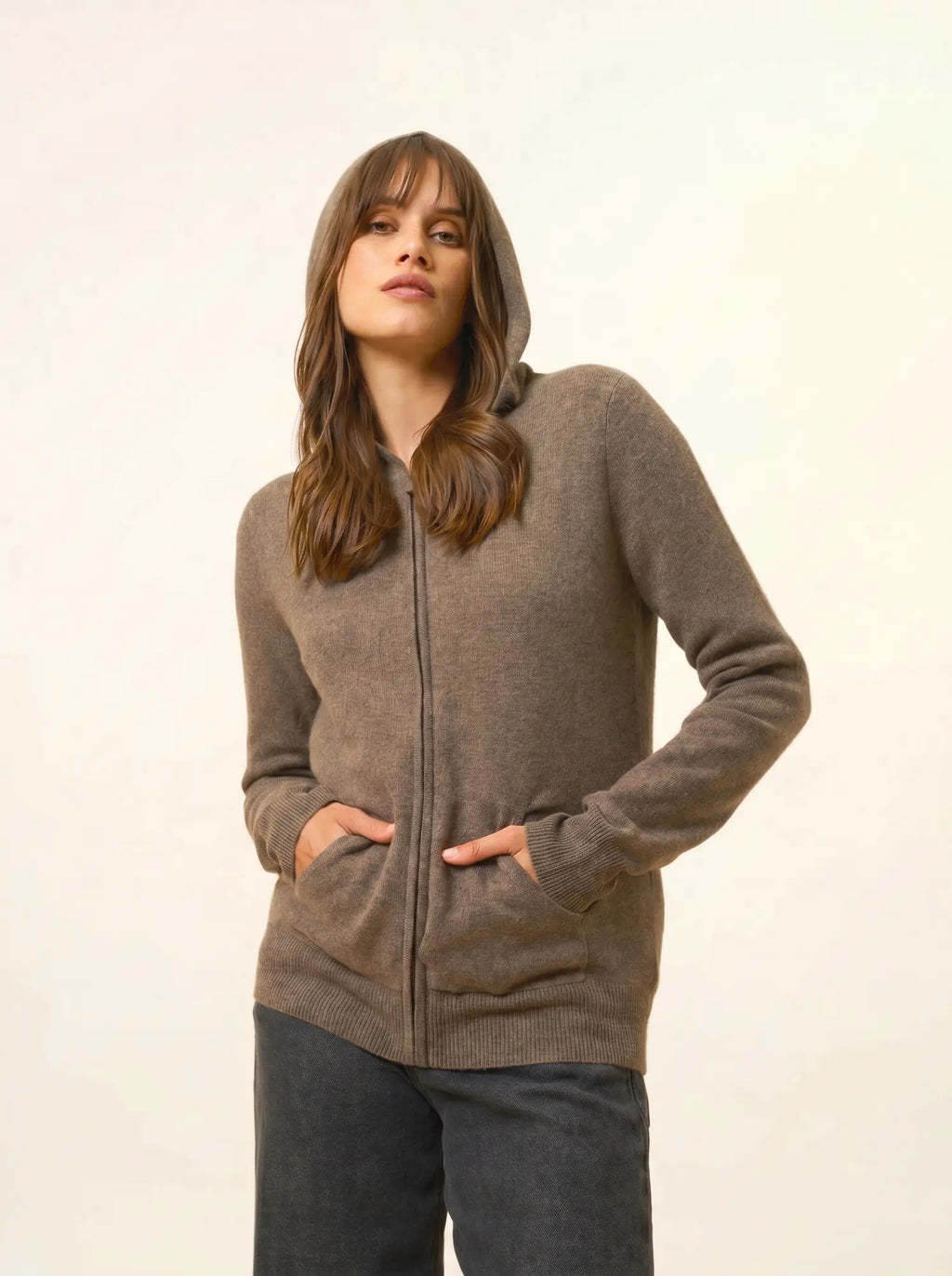 DEBBIE Gilet Zippé Capuche Taupe Chiné