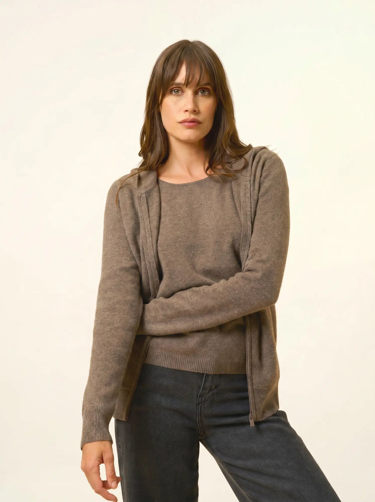 DEBBIE Gilet Zippé Capuche Taupe Chiné