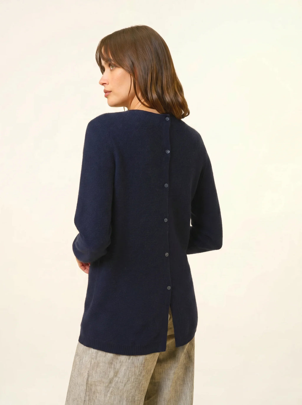 OLENA Pullover Rundhalsausschnitt hinten geknöpft Marineblau