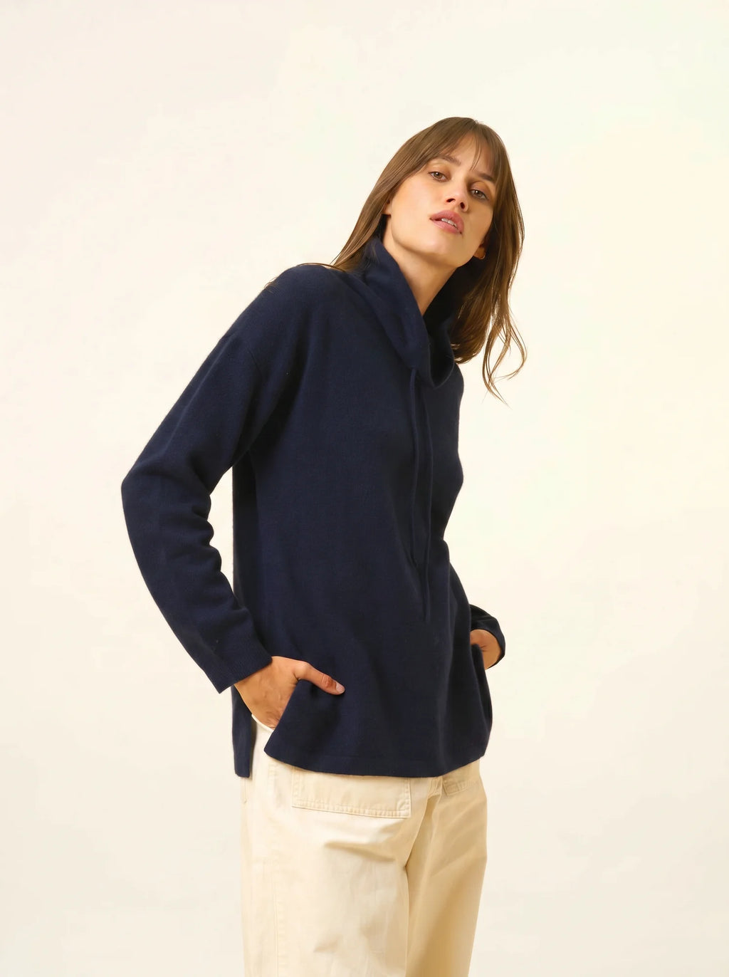 MELROSE Pull Col Montant Cordon Coulissant Fentes Côtés Bleu Marine