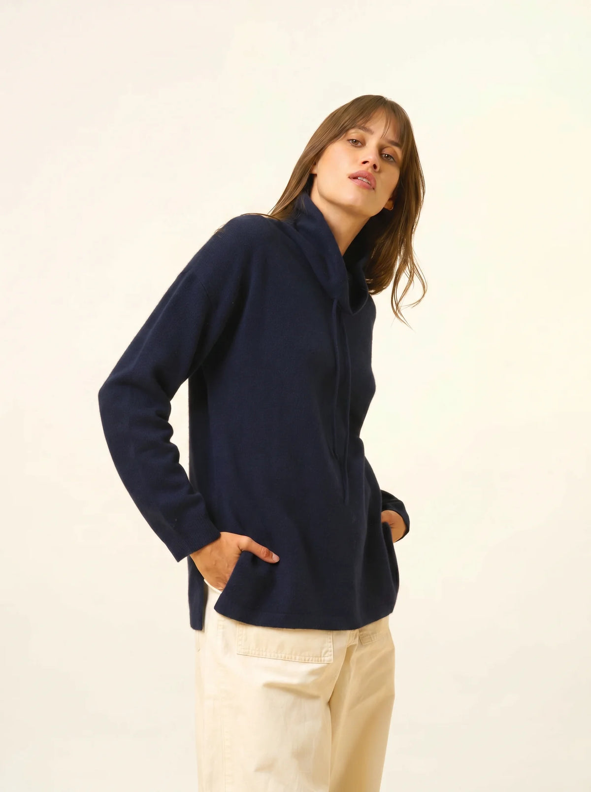 MELROSE Pull Col Montant Cordon Coulissant Fentes Côtés Bleu Marine