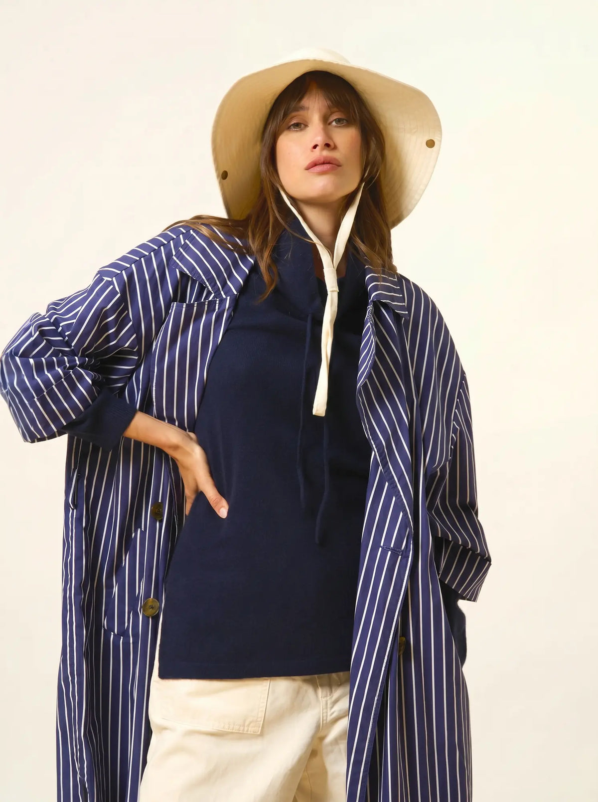 MELROSE Pull Col Montant Cordon Coulissant Fentes Côtés Bleu Marine