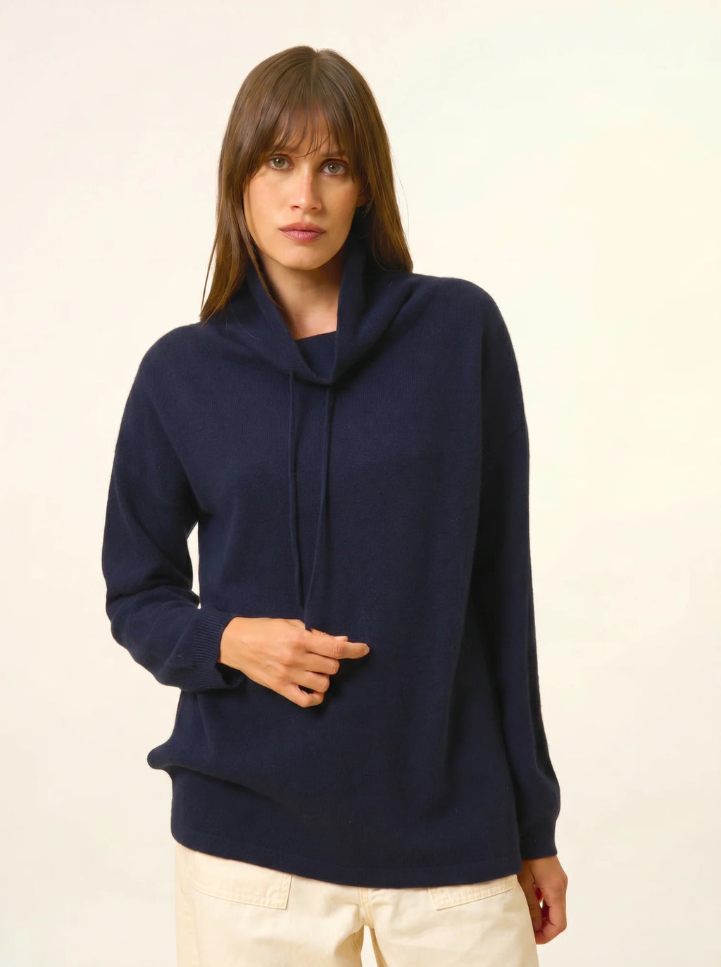 MELROSE Pull Col Montant Cordon Coulissant Fentes Côtés Bleu Marine