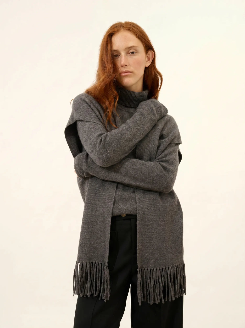 VICTOIRE Vest Sleeveless with Fringes Heather Charcoal