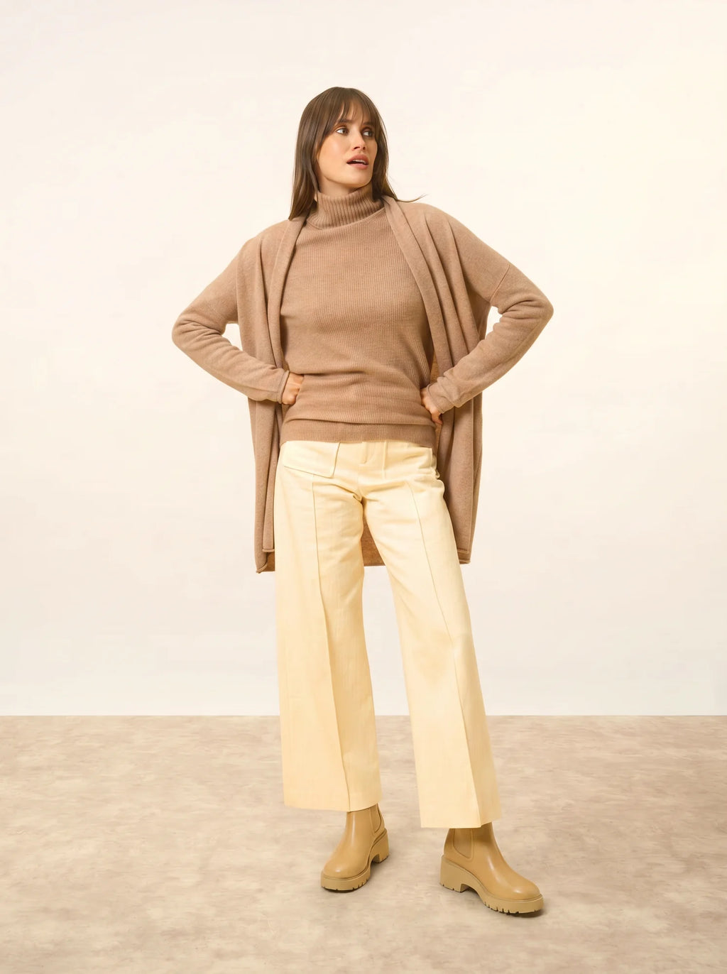 MADDIE Jacket Long Open Shawl Collar Heather Camel
