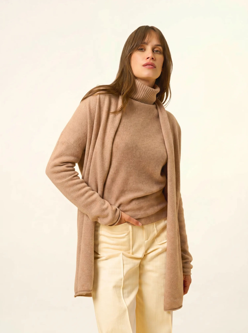 MADDIE Jacket Long Open Shawl Collar Heather Camel