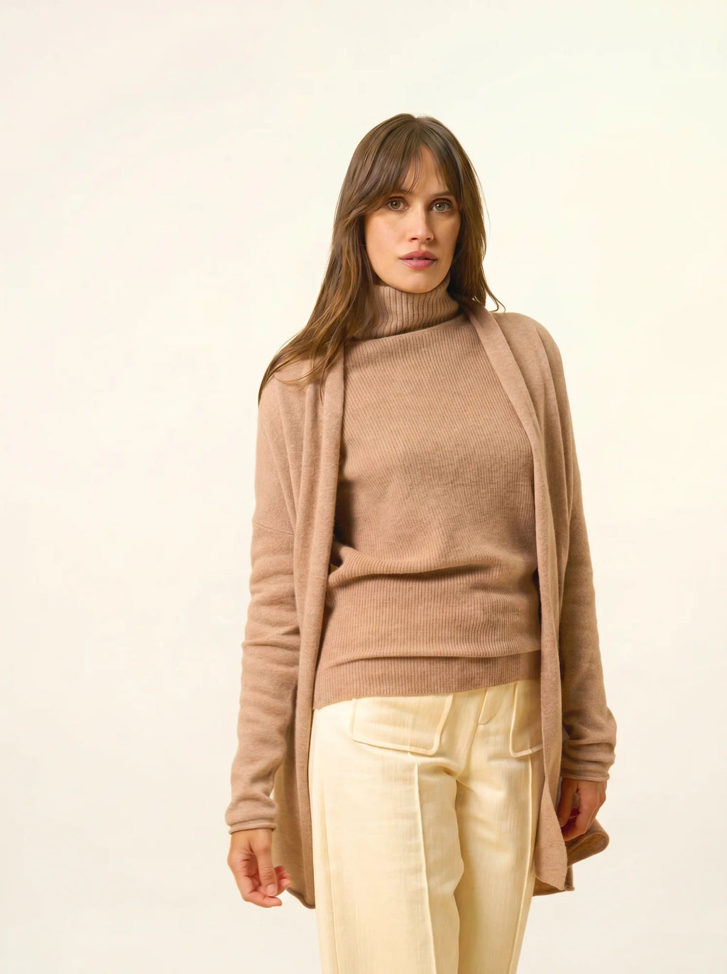MADDIE Jacket Long Open Shawl Collar Heather Camel