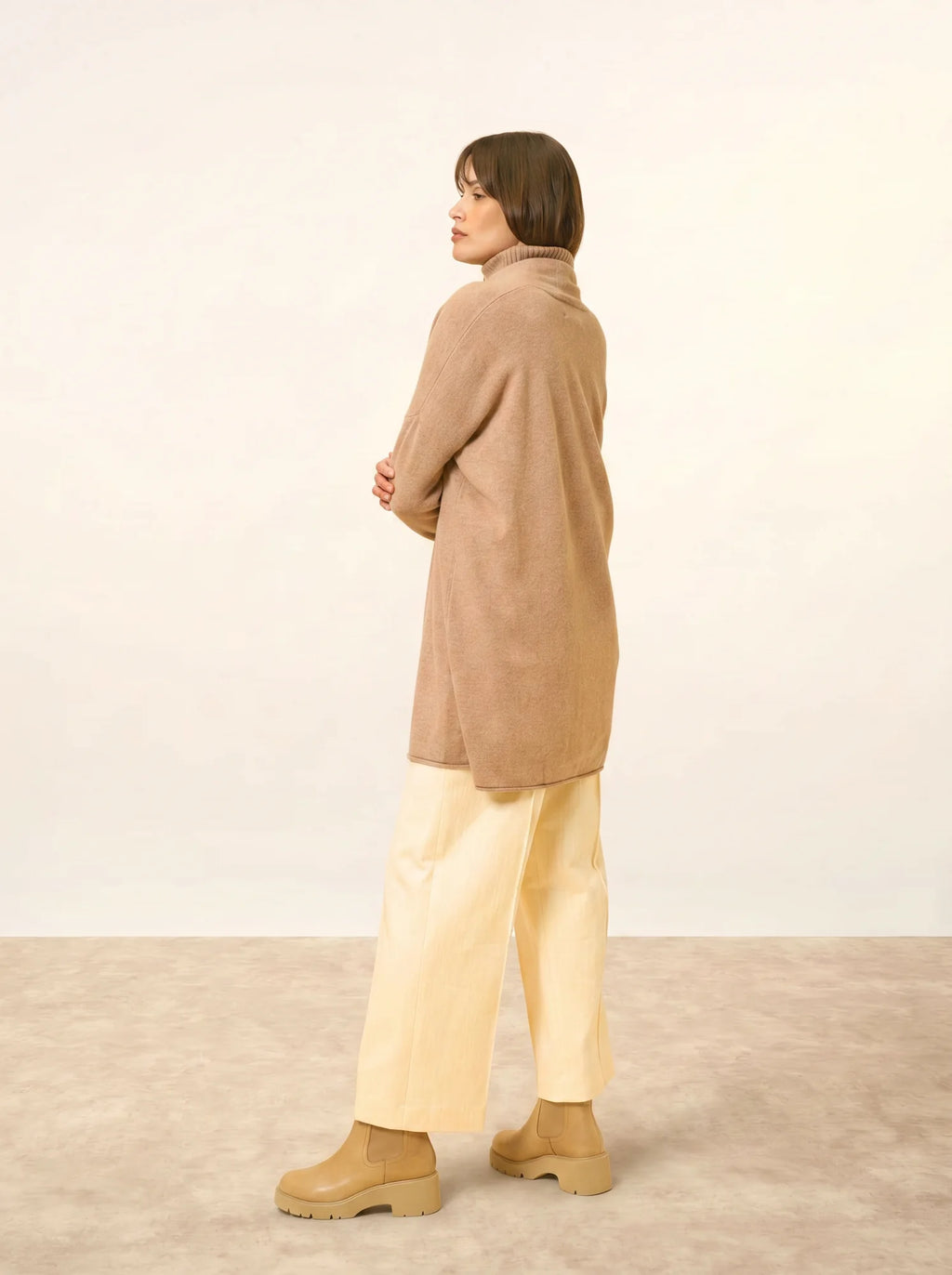 MADDIE Jacket Long Open Shawl Collar Heather Camel