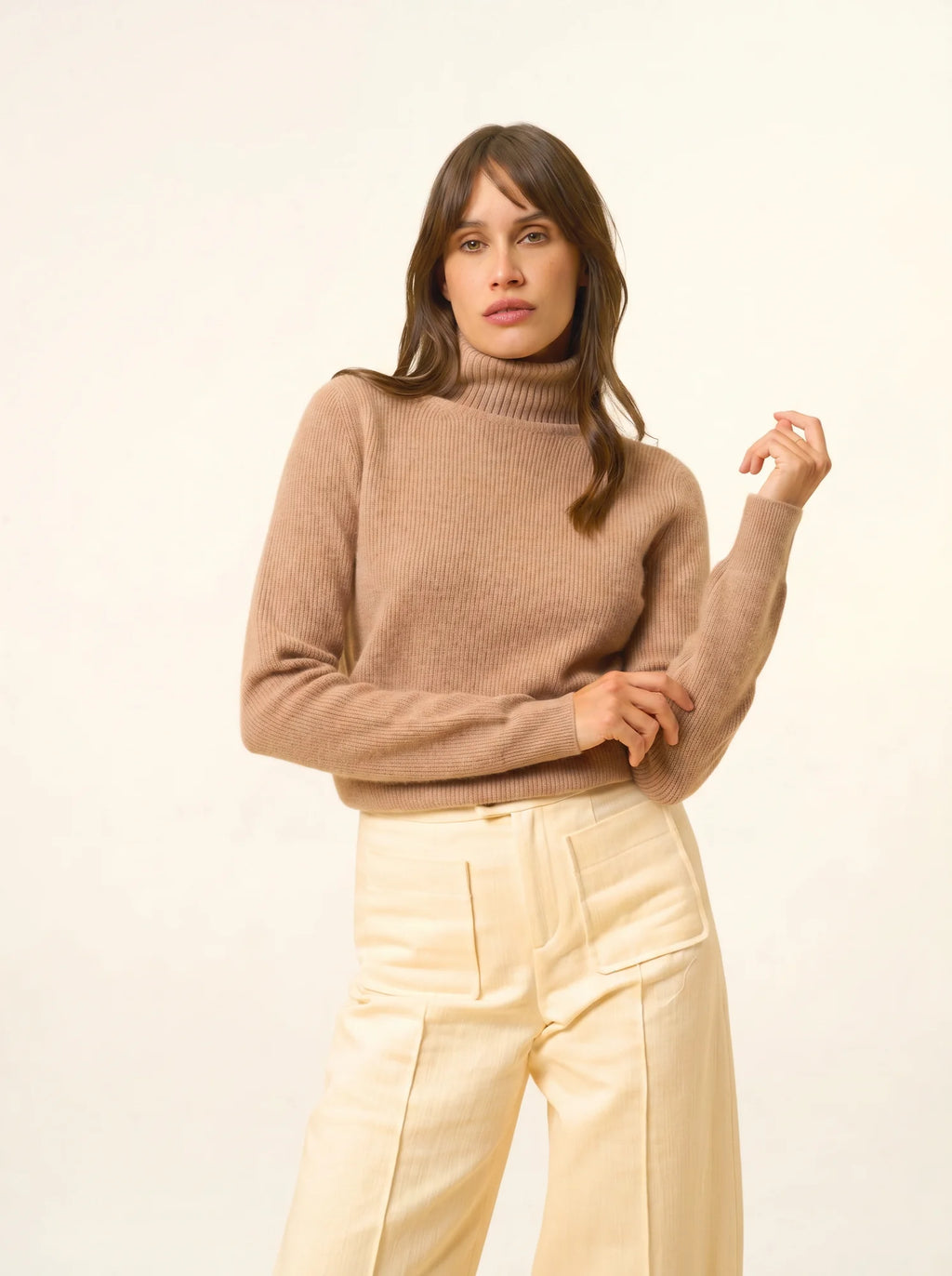BILL Pull Col Roulé Camel Chiné