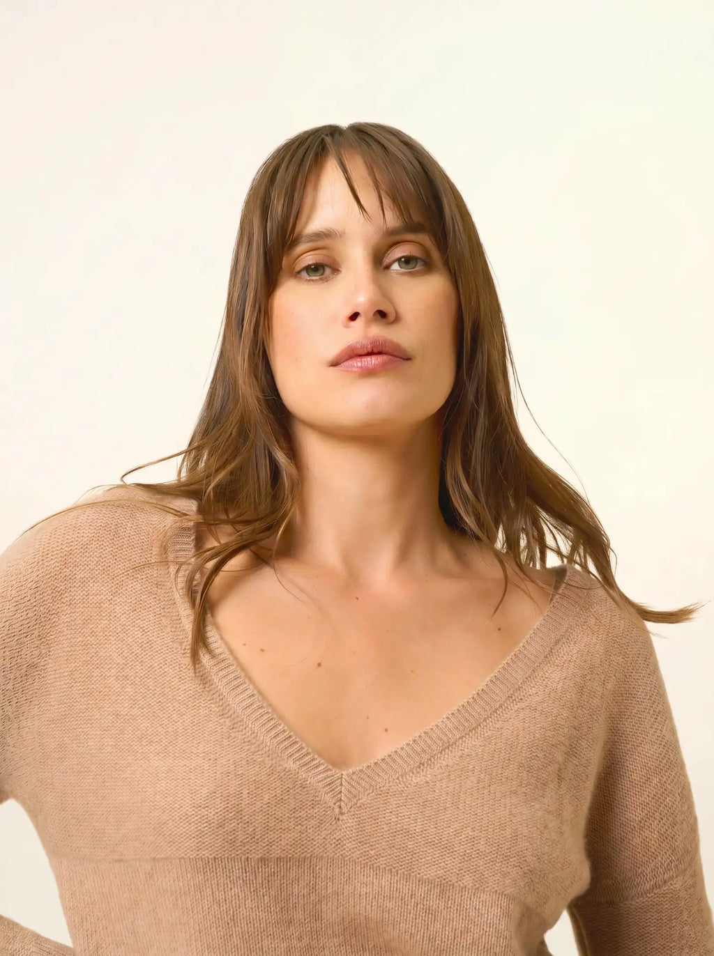 CASSIE Pull Col V 4 Fils Camel Chiné