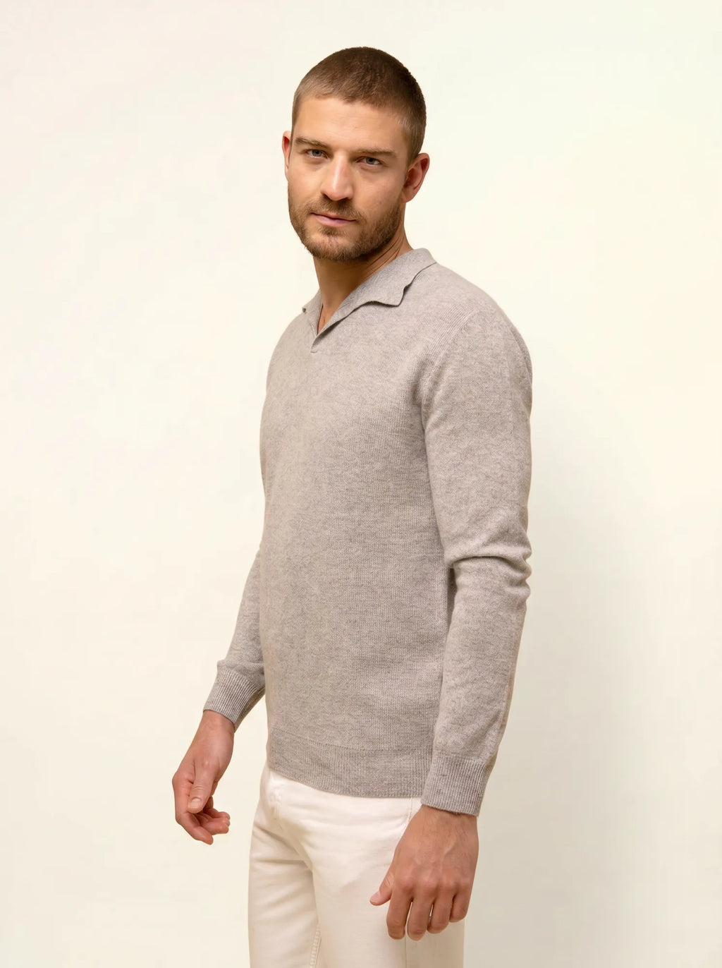 NOAH Sweater Polo Collar Open Heather Cloud