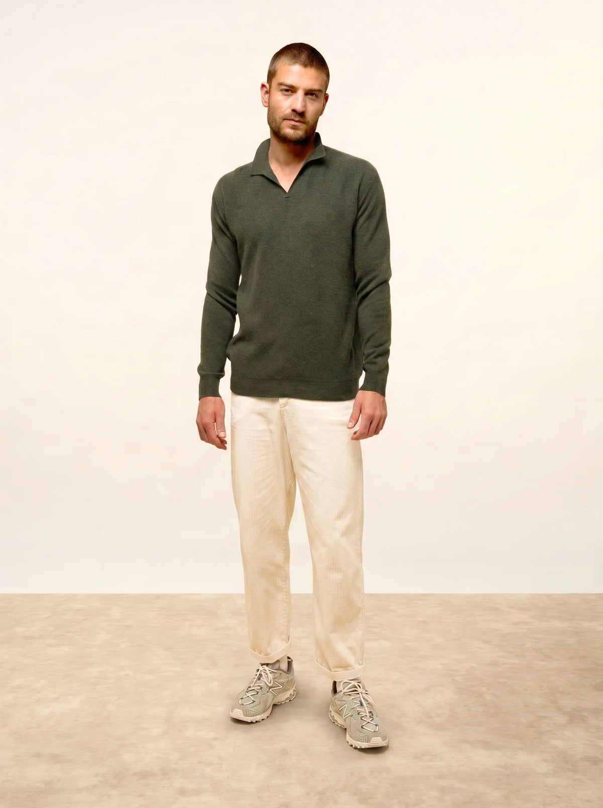 NOAH Pull Col Polo Ouvert Kaki Chiné