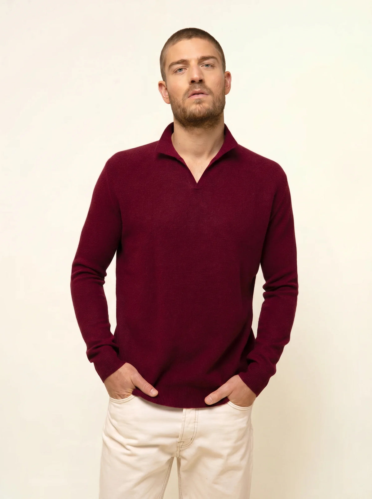 NOAH Pull Col Polo Ouvert Bordeaux