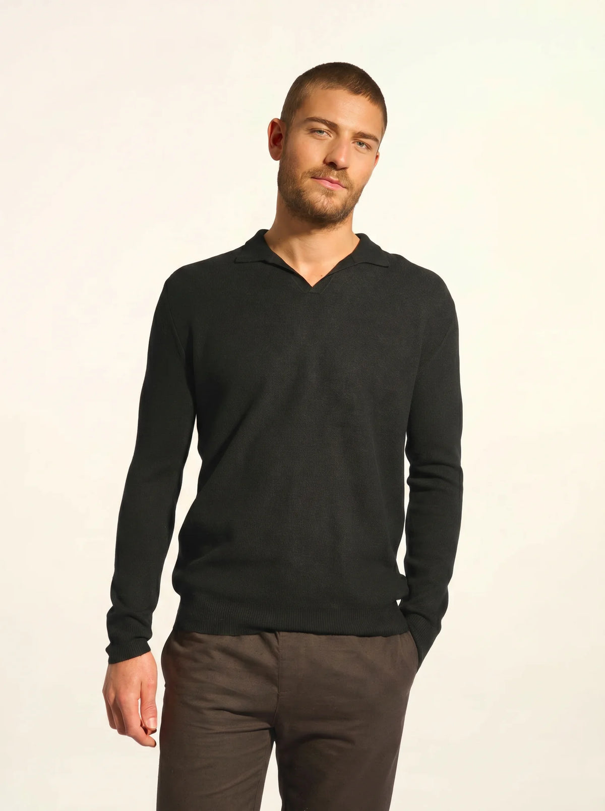 NOAH Pull Col Polo Ouvert Noir
