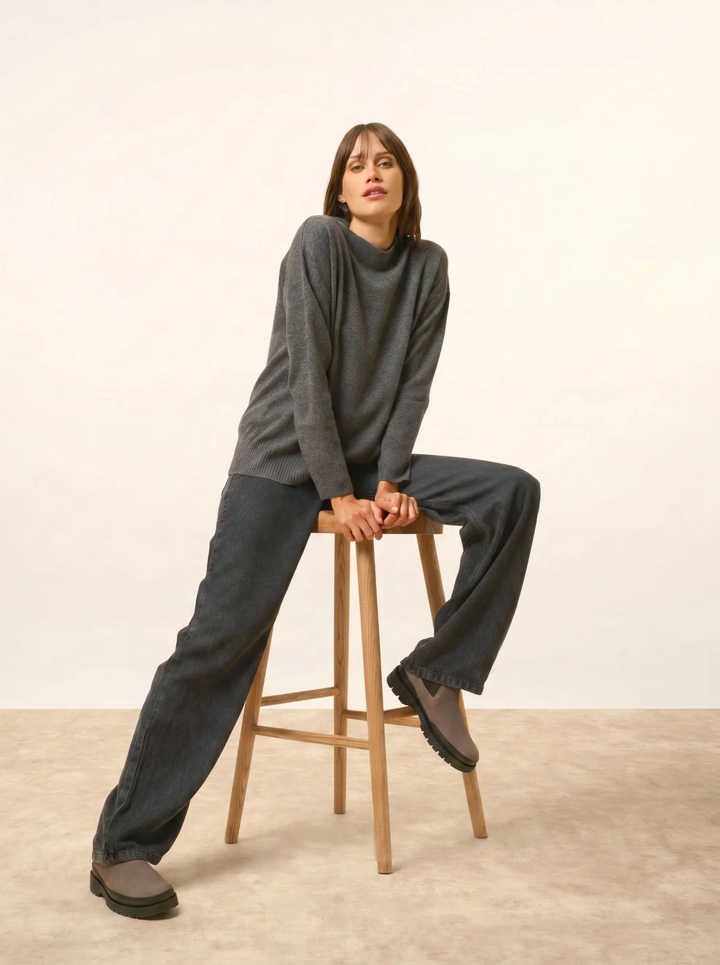 KAYLA Pull Col Rond Anthracite Chiné