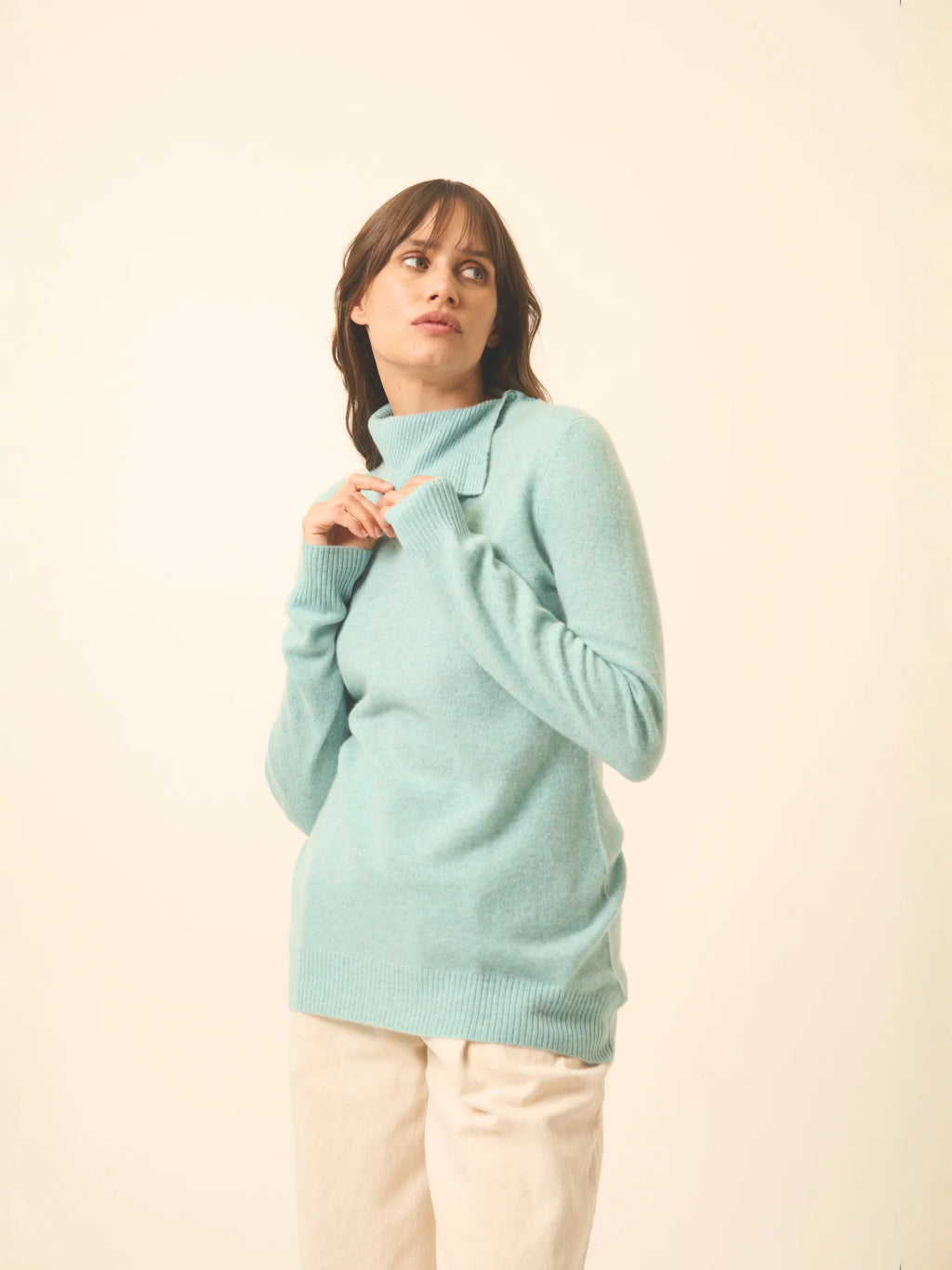DUNDEE Sweater Turtleneck Buttoned Heather Aqua