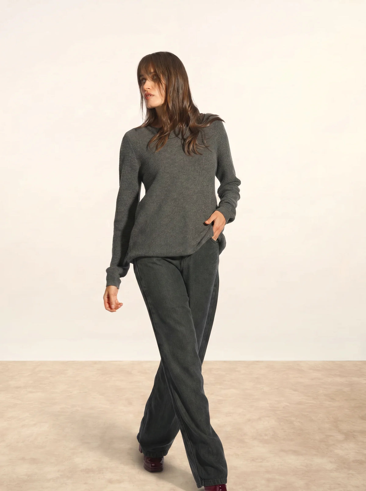 NETHY Pull Col Bateau Anthracite Chiné