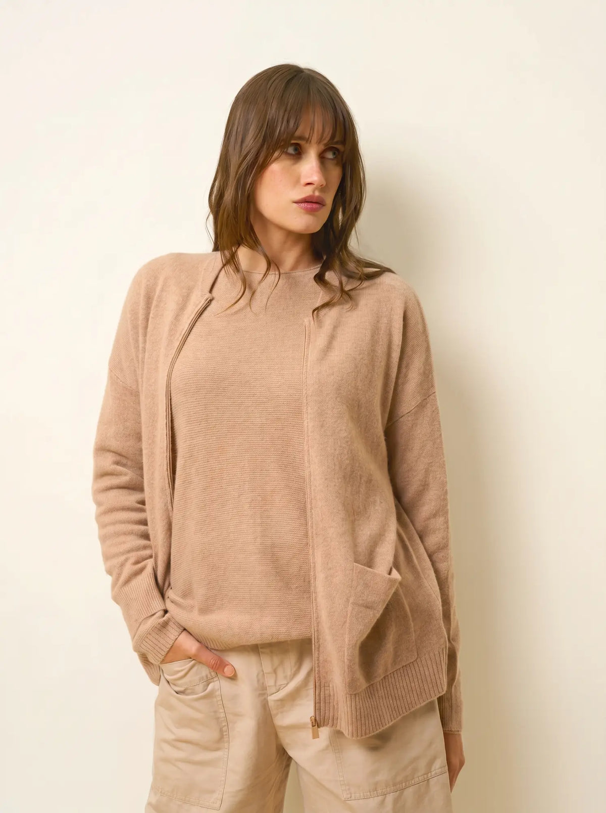 ERVIE Gilet Zippé Col Mao Camel Chiné
