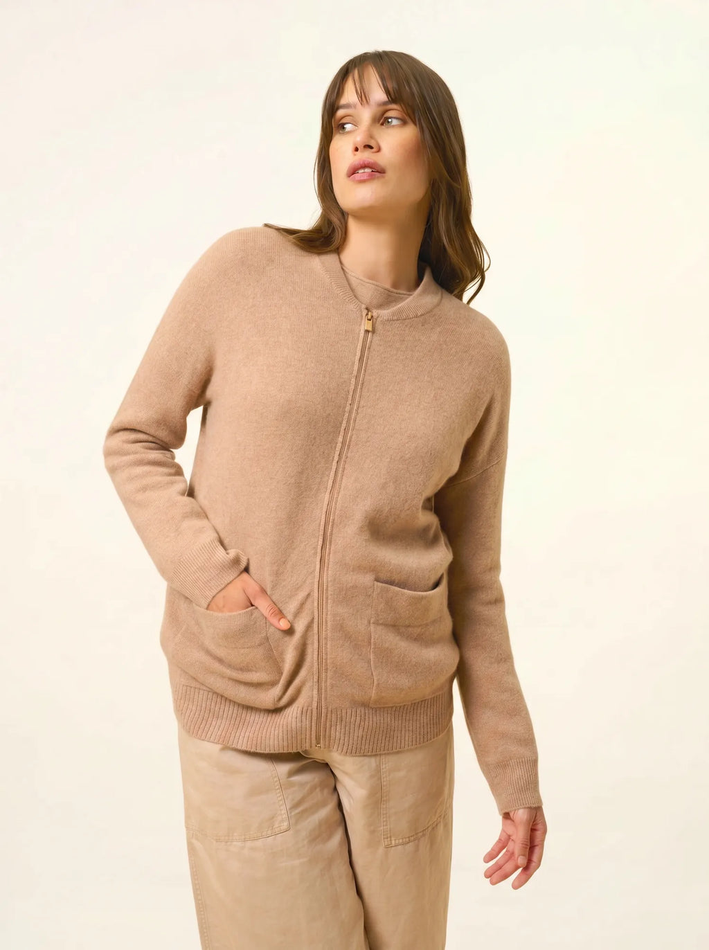 ERVIE Gilet Zippé Col Mao Camel Chiné
