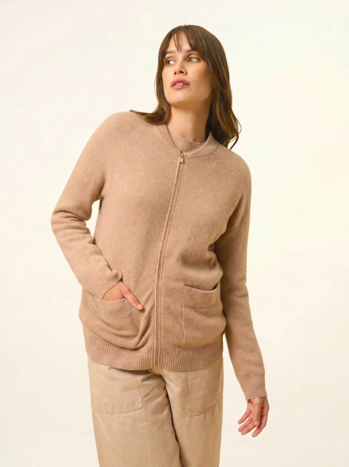 ERVIE Gilet Zippé Col Mao Camel Chiné