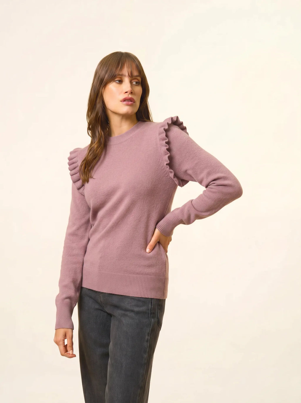BOXBURN Pull Col Rond Volants Épaules Bois de Rose