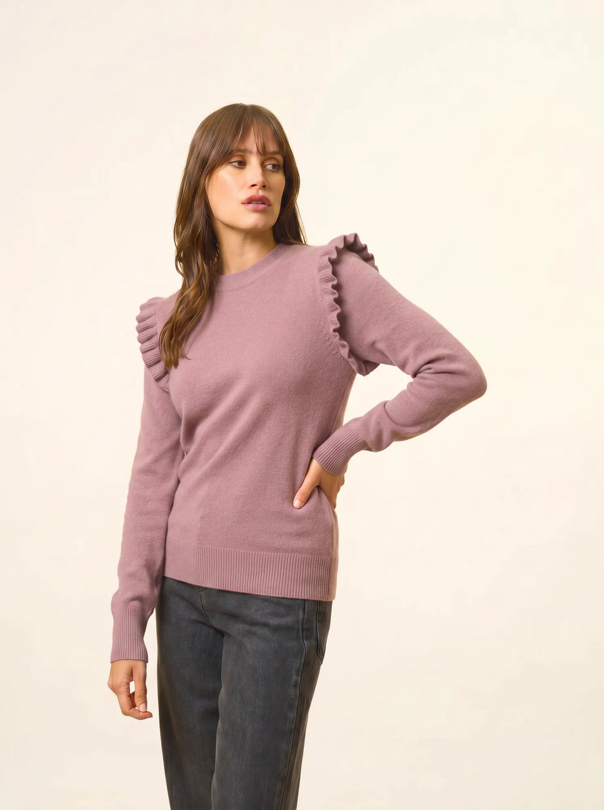 BOXBURN Pull Col Rond Volants Épaules Bois de Rose