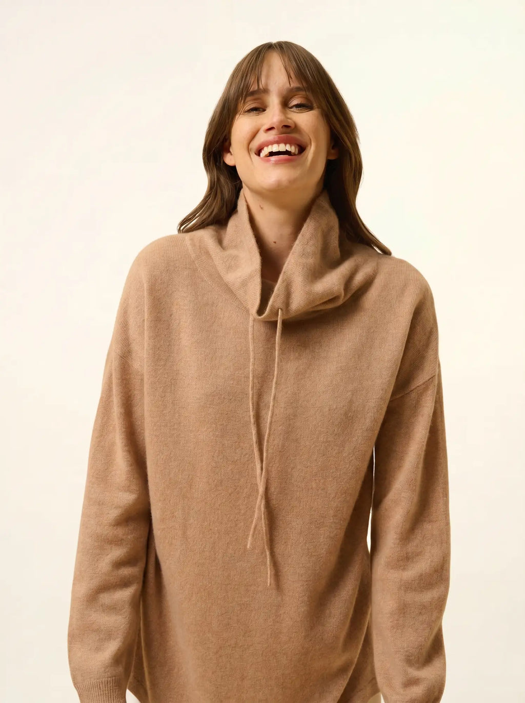 MELROSE Pull Col Montant Cordon Coulissant Fentes Côtés Camel Chiné