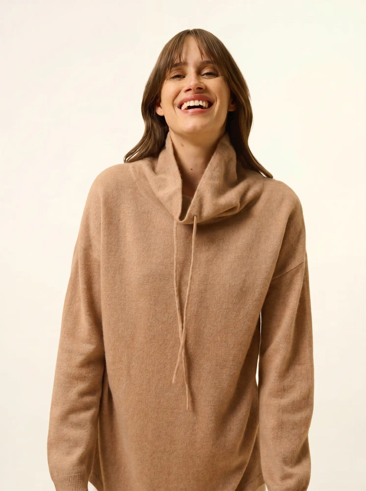 MELROSE Pull Col Montant Cordon Coulissant Fentes Côtés Camel Chiné