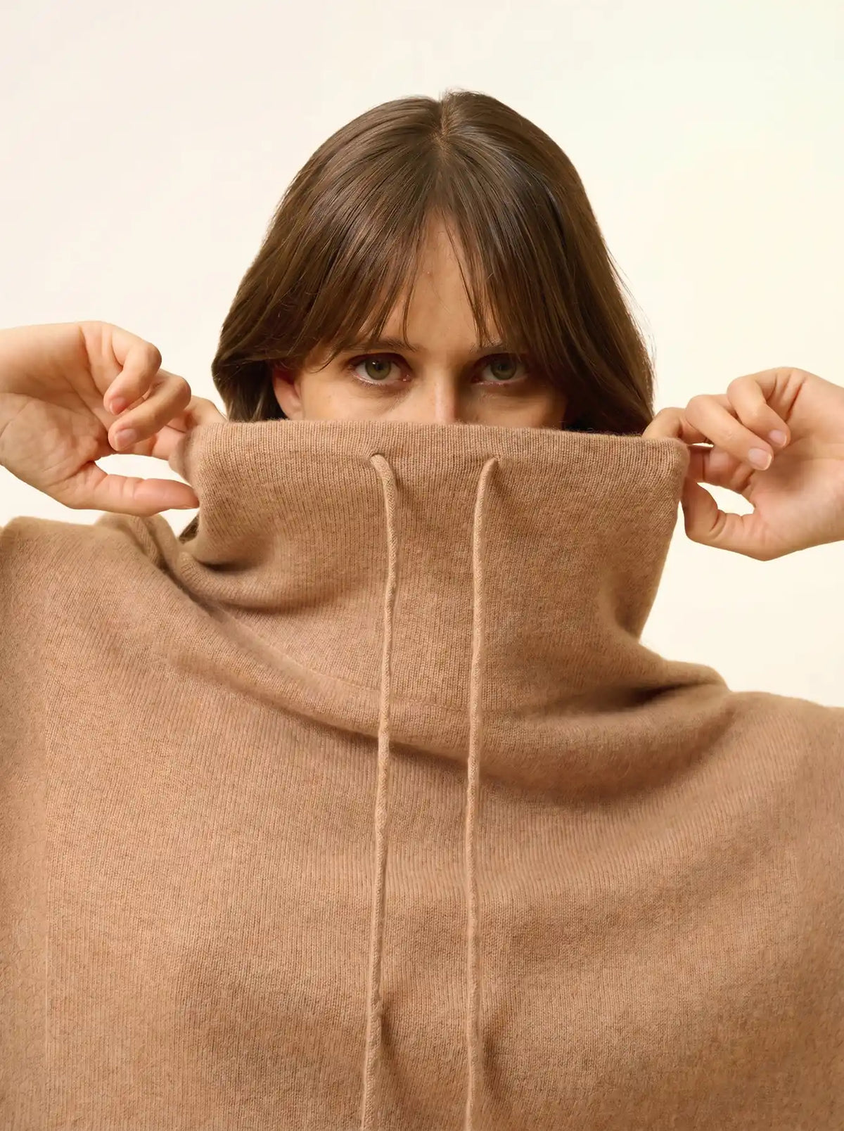 MELROSE Pull Col Montant Cordon Coulissant Fentes Côtés Camel Chiné