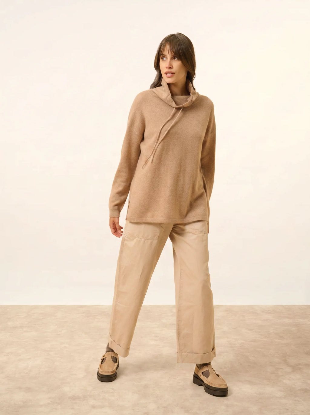 MELROSE Pull Col Montant Cordon Coulissant Fentes Côtés Camel Chiné