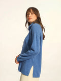 MELROSE Sweater Mock Neck Drawstring Side Slits Denim Blue