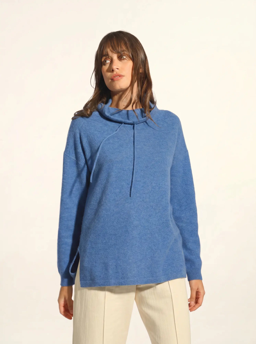 MELROSE Sweater Mock Neck Drawstring Side Slits Denim Blue