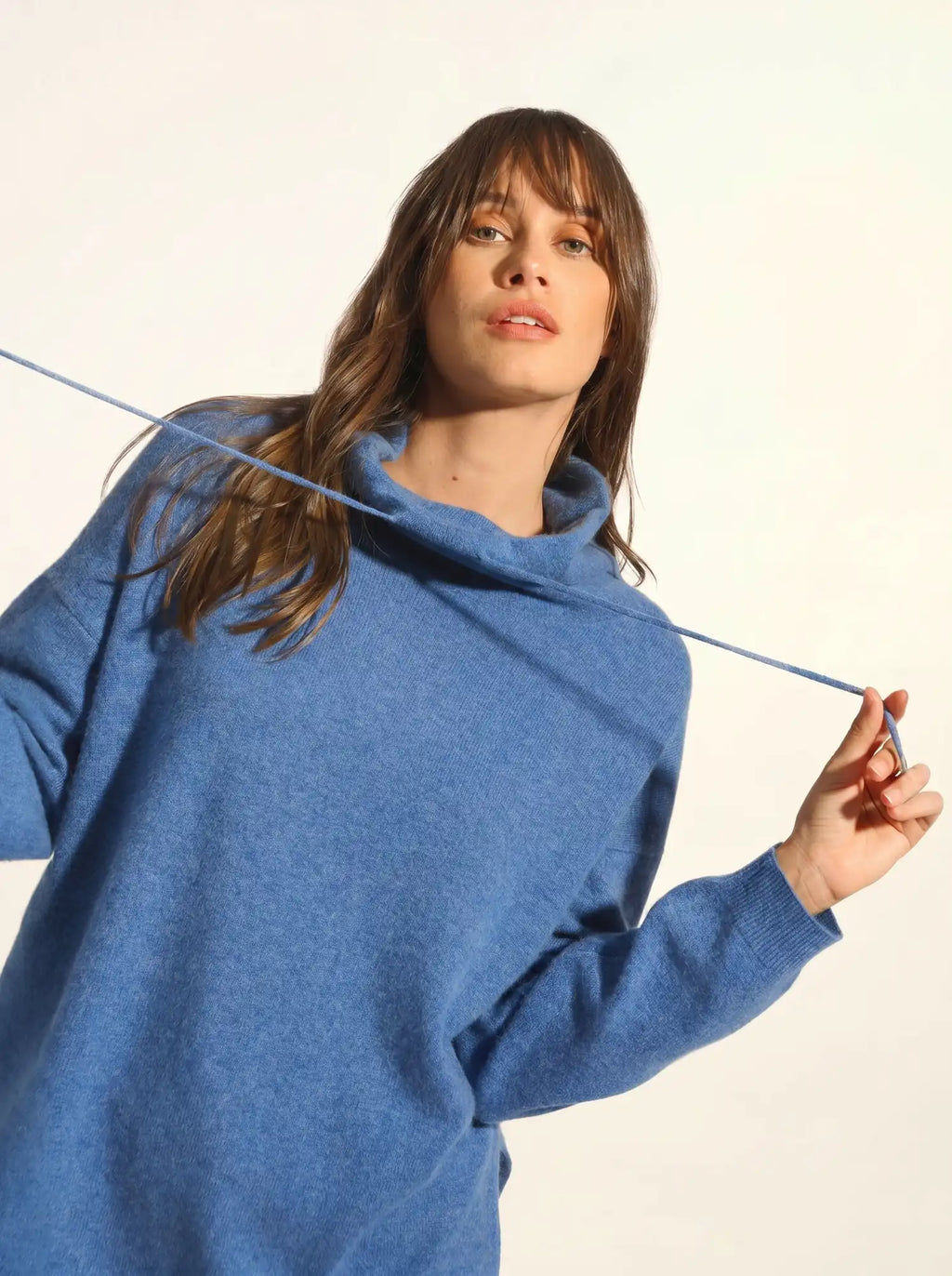 MELROSE Sweater Mock Neck Drawstring Side Slits Denim Blue