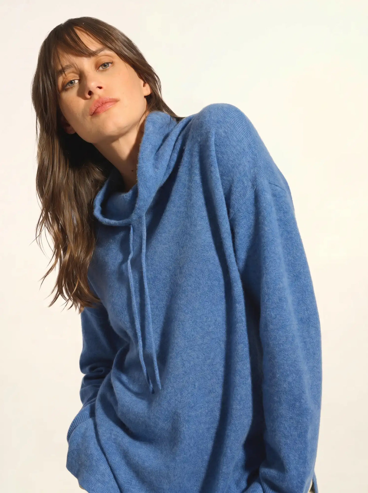 MELROSE Sweater Mock Neck Drawstring Side Slits Denim Blue