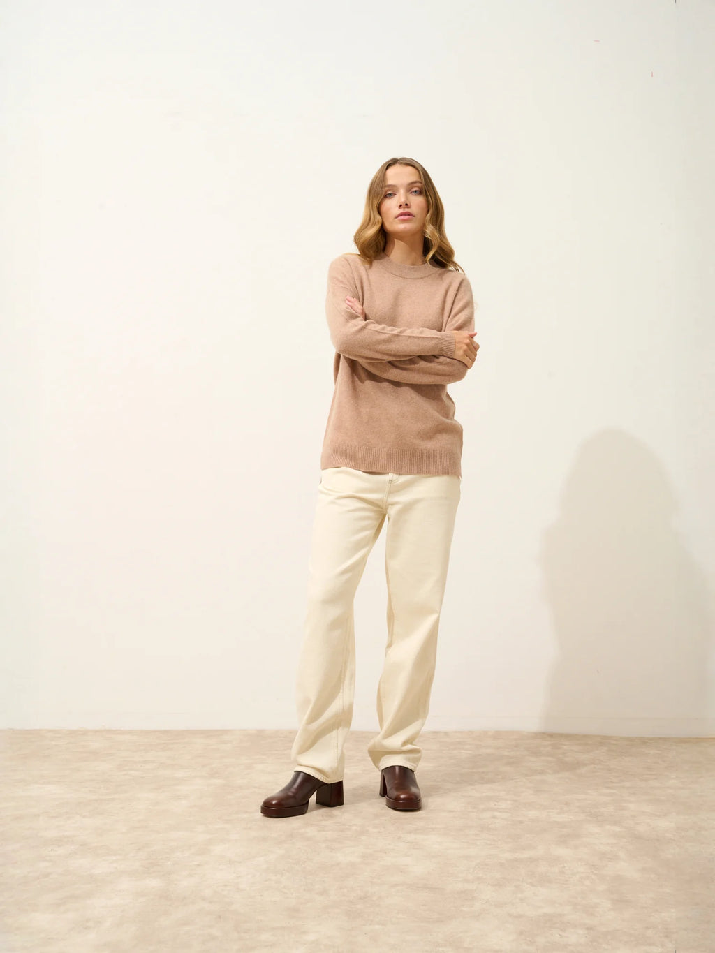 JOSPE Pull Col Rond Camel Chiné