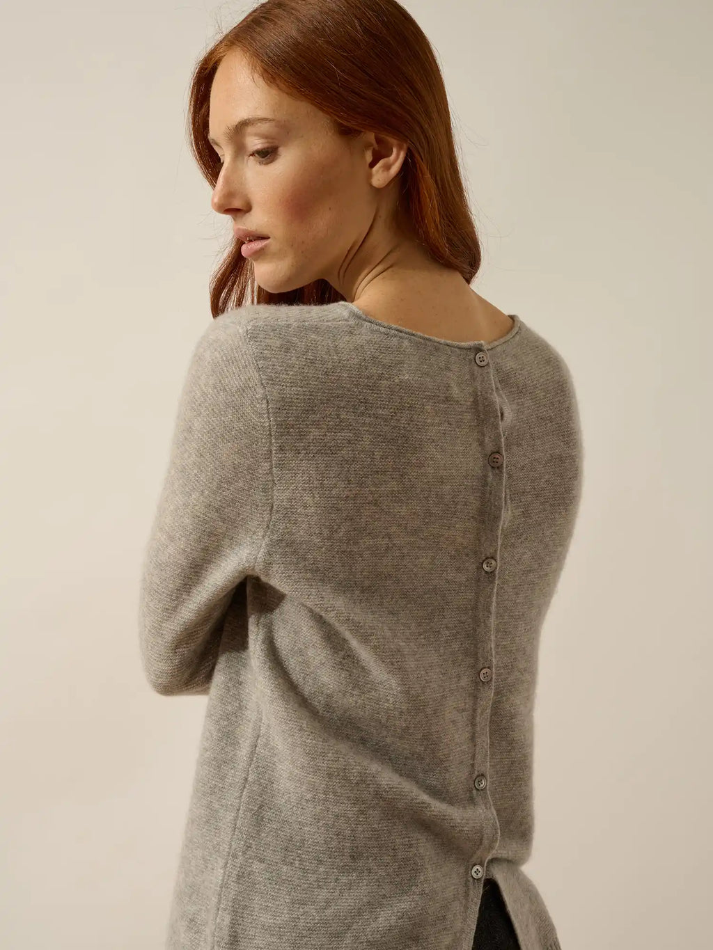 OLENA Sweater Crew Neck Buttoned Back Heather Cloud