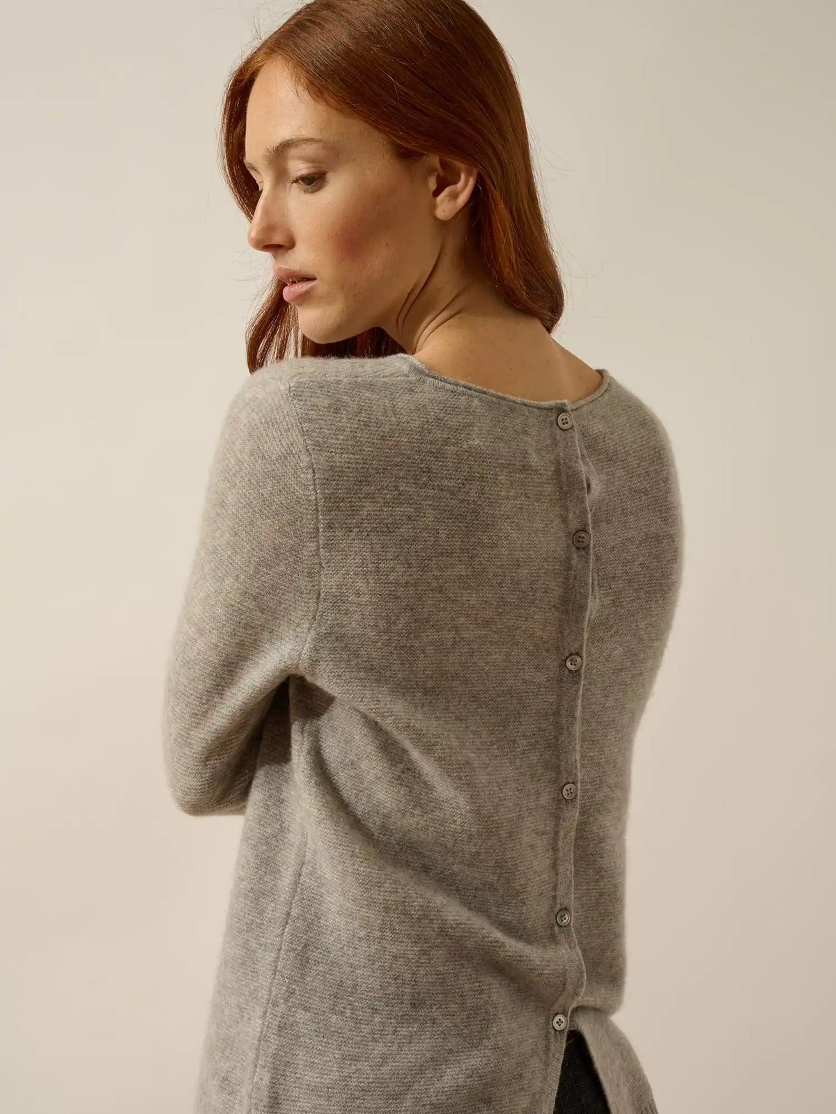 OLENA Sweater Crew Neck Buttoned Back Heather Cloud