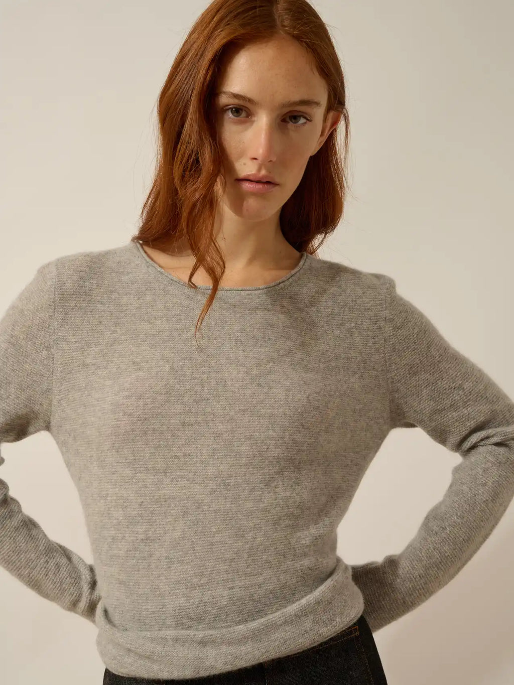 OLENA Sweater Crew Neck Buttoned Back Heather Cloud