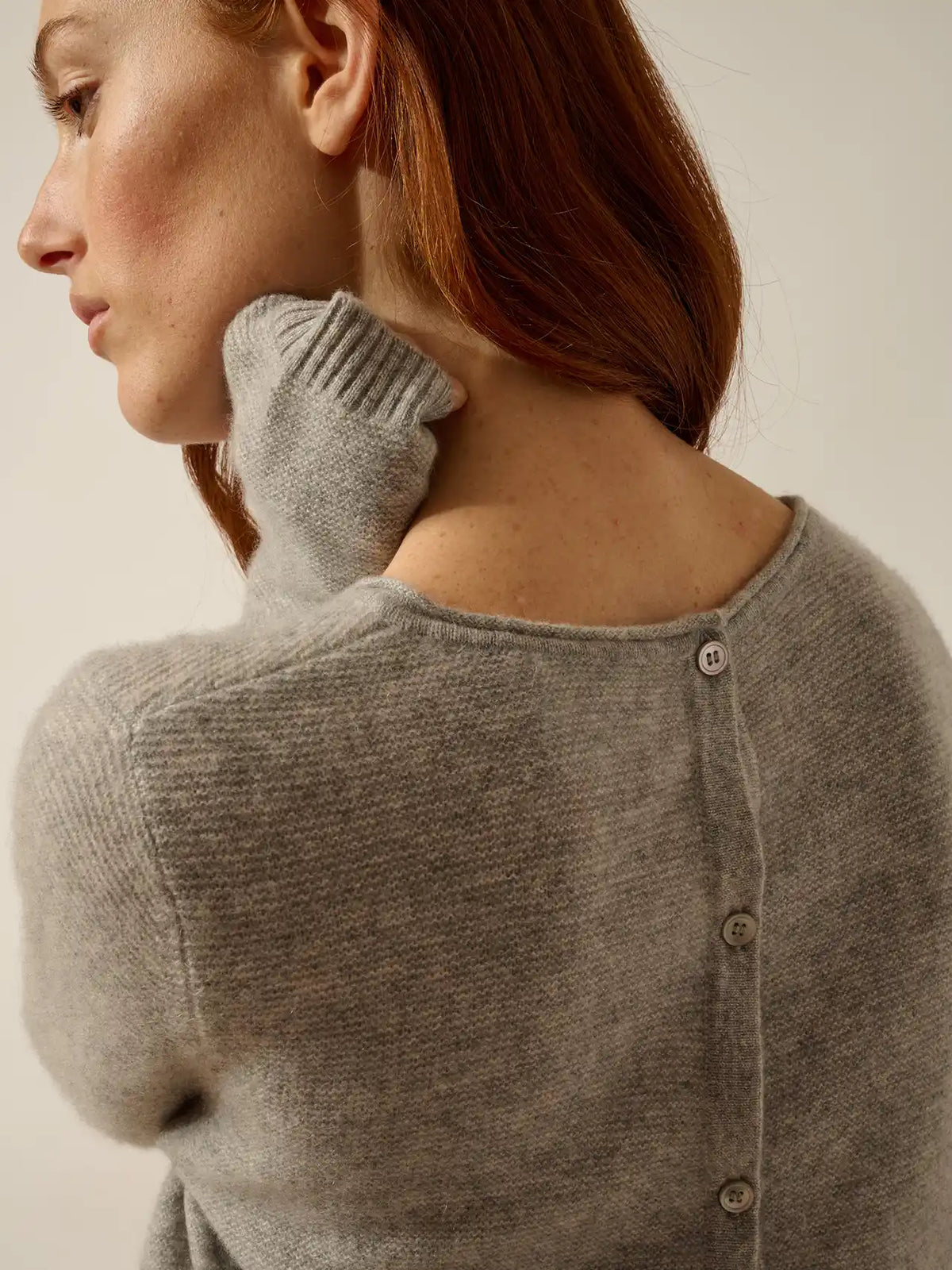 OLENA Sweater Crew Neck Buttoned Back Heather Cloud