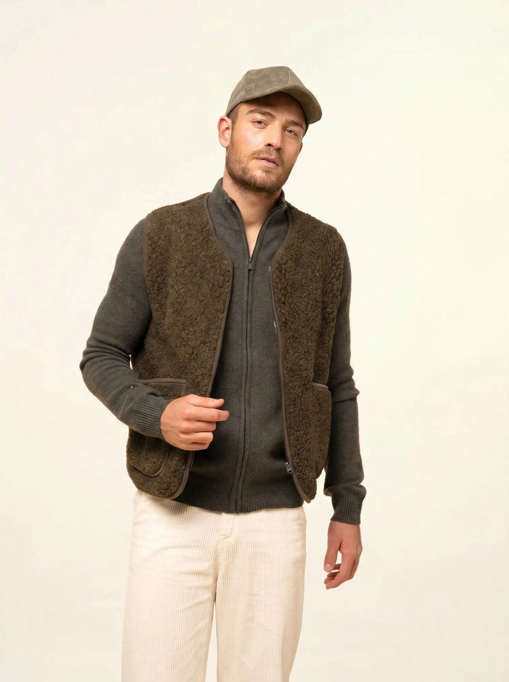 CHARLOTTE Gilet Zippé Col Camionneur 4 Fils Kaki Chiné
