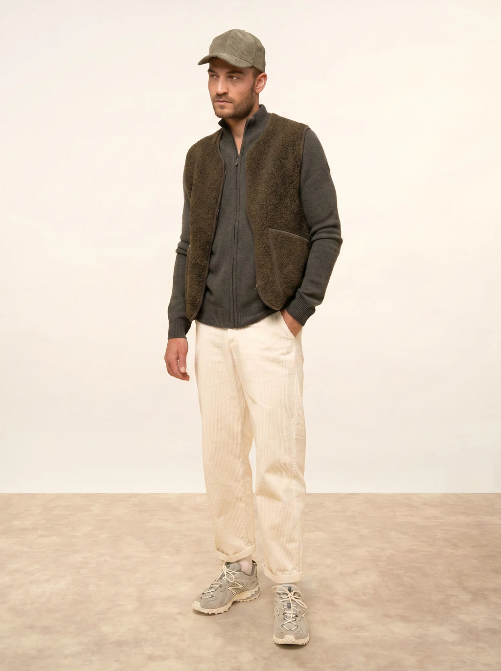 CHARLOTTE Gilet Zippé Col Camionneur 4 Fils Kaki Chiné